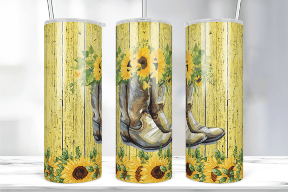 Wood Cowboy Boots Sunflower Tumbler Wrap Graphics